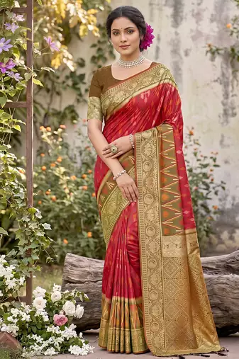 red pochampalli silk blend saree 