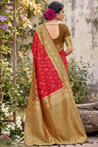 red pochampalli silk blend saree 