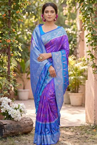 violet pochampalli silk blend saree 