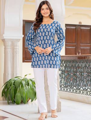 Womens teal self design cotton fabric kurtis 3/4 sleeves square neck 1