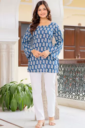 Womens teal self design cotton fabric kurtis 3/4 sleeves square neck