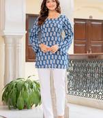 Womens teal self design cotton fabric kurtis 3/4 sleeves square neck