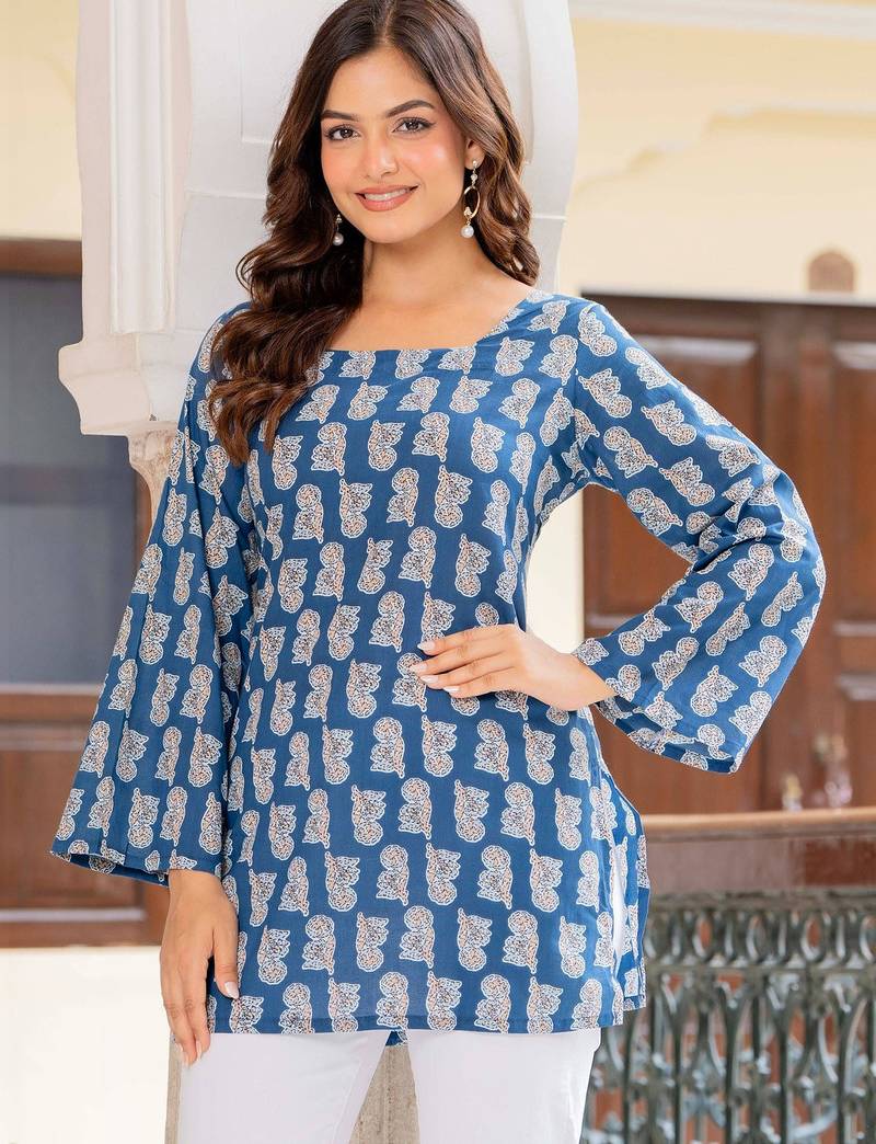 Womens teal self design cotton fabric kurtis 3/4 sleeves square neck