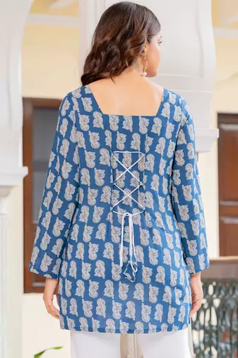 Womens teal self design cotton fabric kurtis 3/4 sleeves square neck