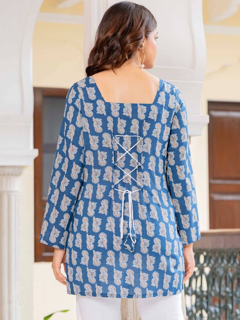 Womens teal self design cotton fabric kurtis 3/4 sleeves square neck