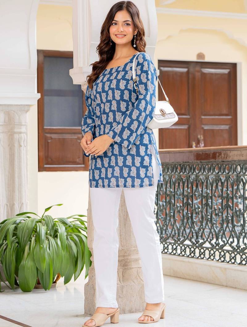 Womens teal self design cotton fabric kurtis 3/4 sleeves square neck