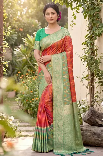 orange pochampalli silk blend saree 