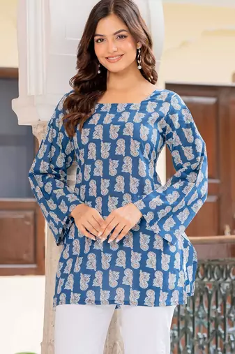 Womens teal self design cotton fabric kurtis 3/4 sleeves square neck