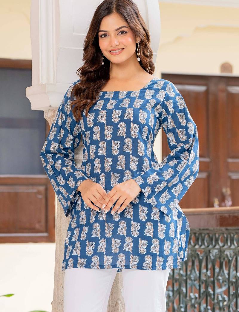 Womens teal self design cotton fabric kurtis 3/4 sleeves square neck