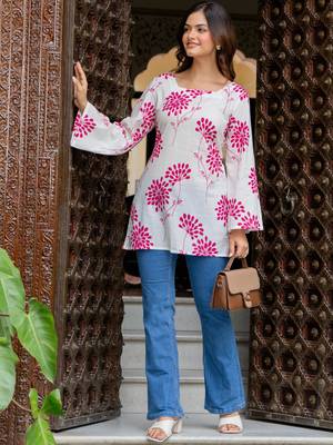 Womens white self design cotton fabric kurtis 3/4 sleeves square neck 1