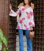 Womens white self design cotton fabric kurtis 3/4 sleeves square neck