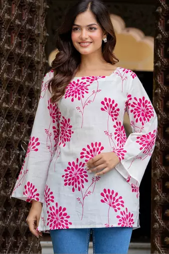 Womens white self design cotton fabric kurtis 3/4 sleeves square neck