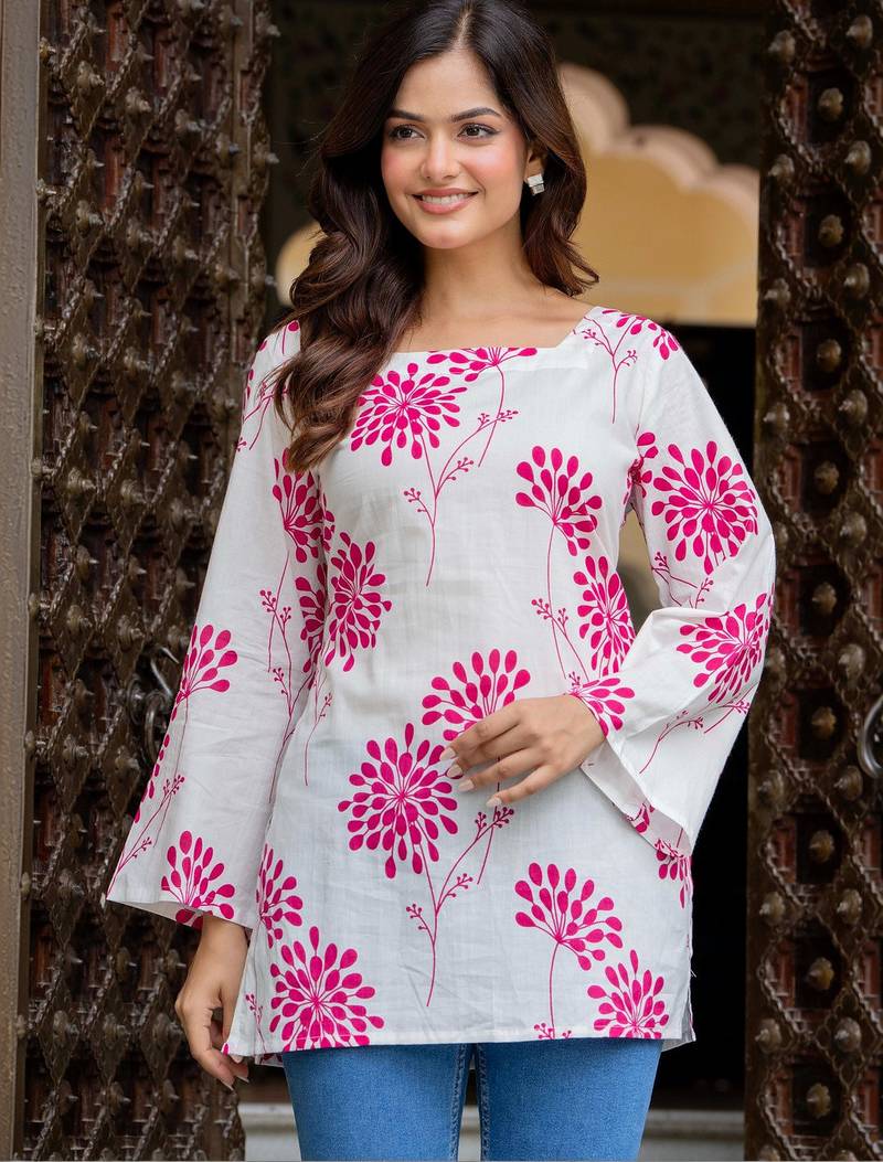 Womens white self design cotton fabric kurtis 3/4 sleeves square neck