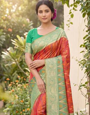 orange pochampalli silk blend saree  4