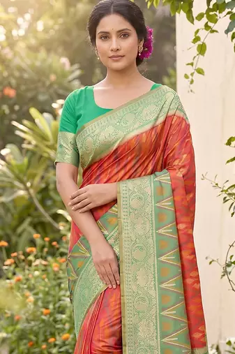 orange pochampalli silk blend saree 