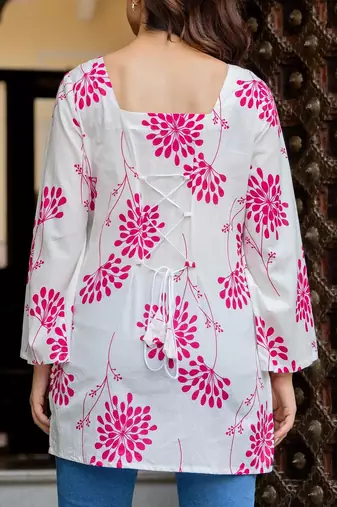 Womens white self design cotton fabric kurtis 3/4 sleeves square neck