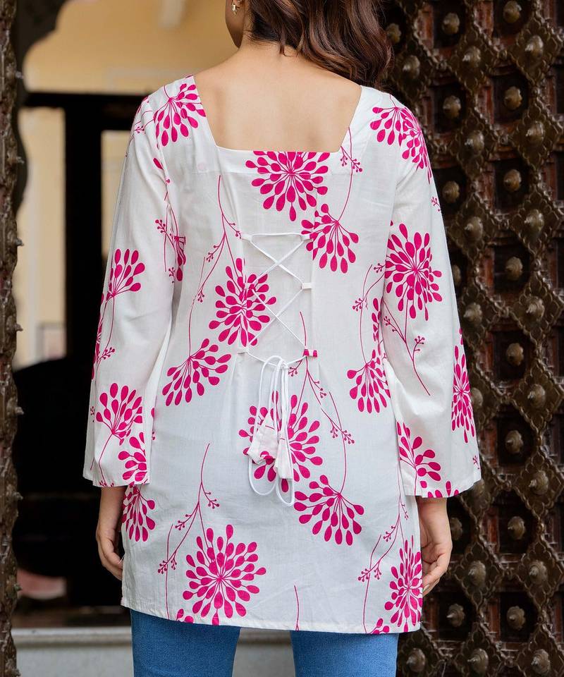 Womens white self design cotton fabric kurtis 3/4 sleeves square neck