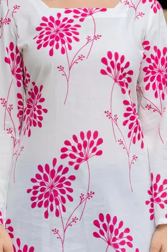 Womens white self design cotton fabric kurtis 3/4 sleeves square neck