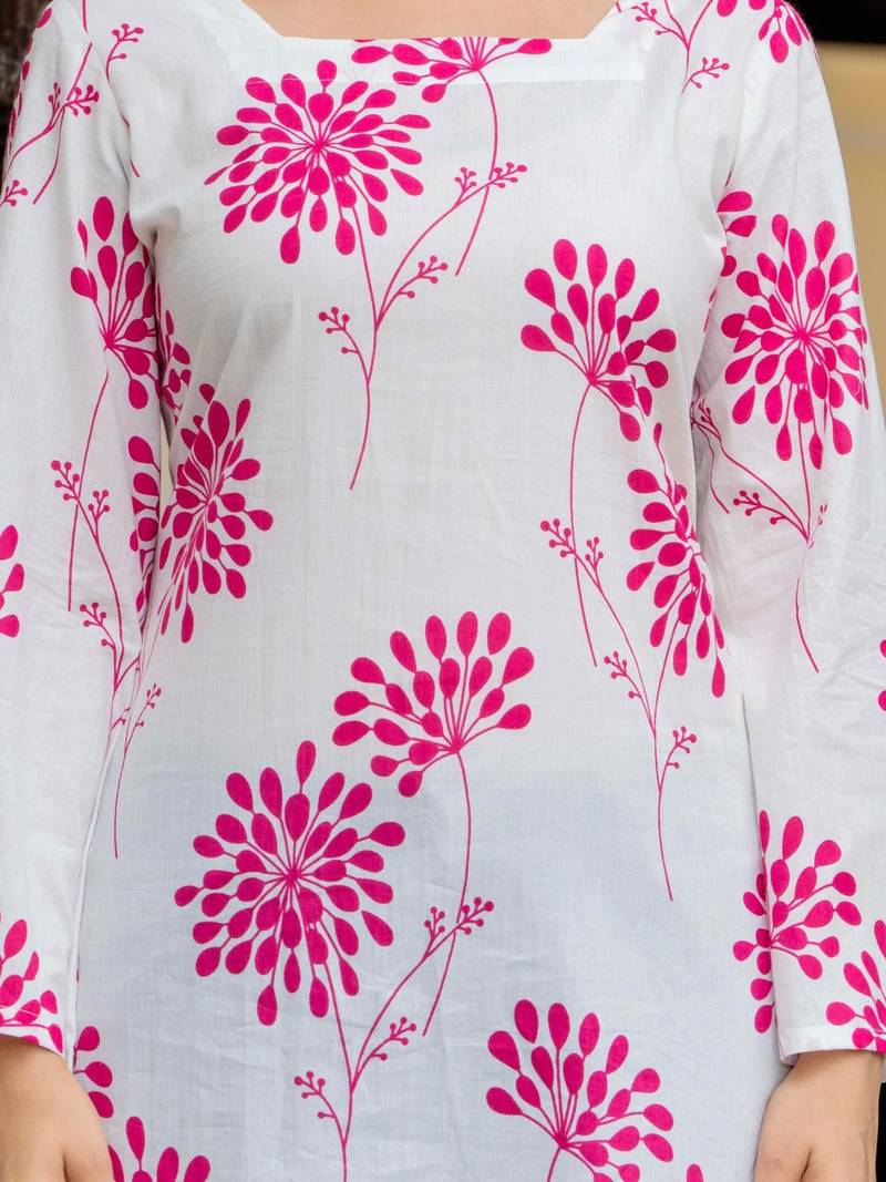 Womens white self design cotton fabric kurtis 3/4 sleeves square neck