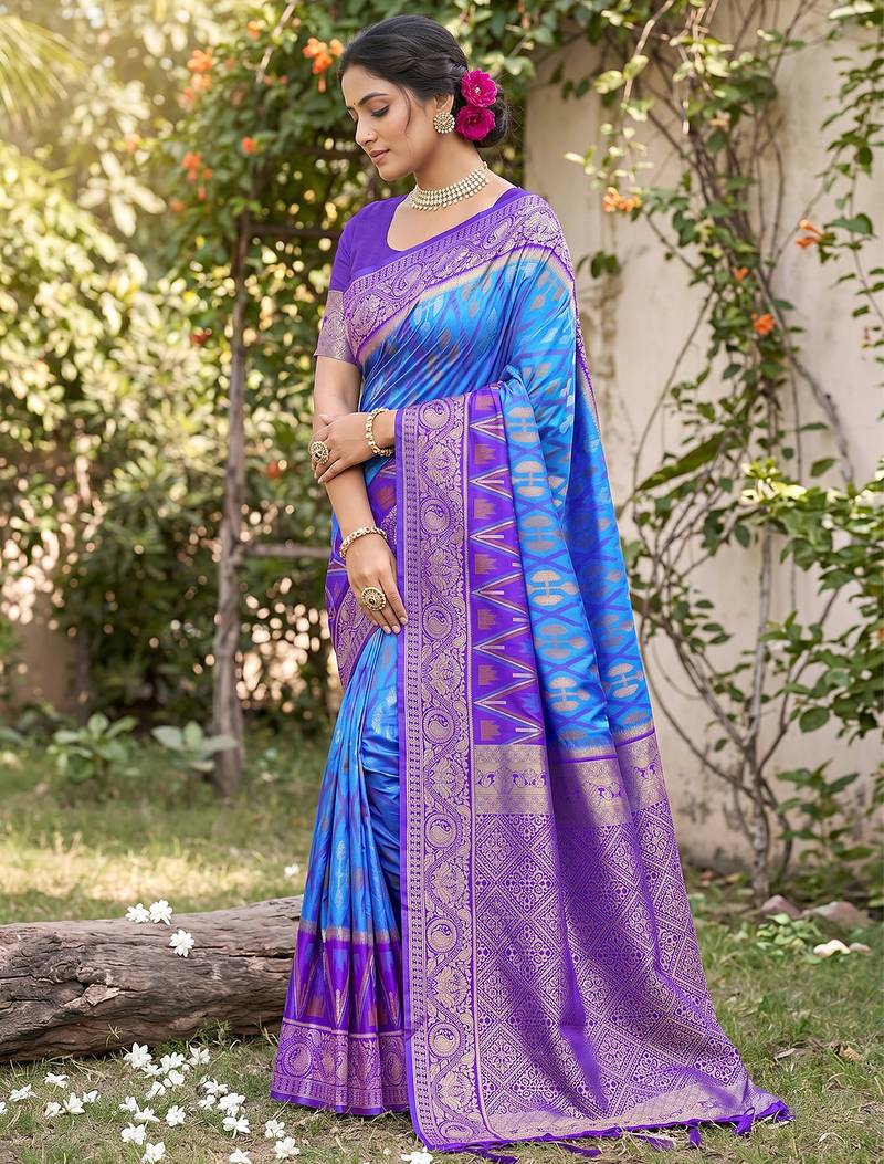 blue pochampalli silk blend saree 