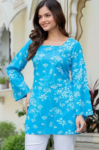 Womens blue self design cotton fabric kurtis 3/4 sleeves square neck
