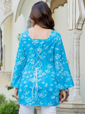Womens blue self design cotton fabric kurtis 3/4 sleeves square neck 3