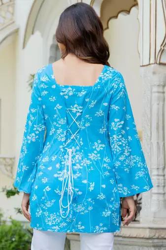Womens blue self design cotton fabric kurtis 3/4 sleeves square neck