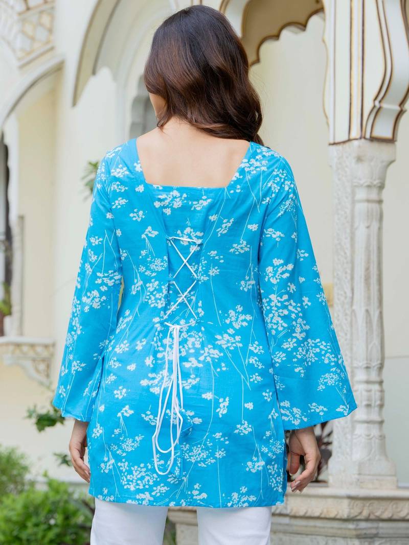 Womens blue self design cotton fabric kurtis 3/4 sleeves square neck
