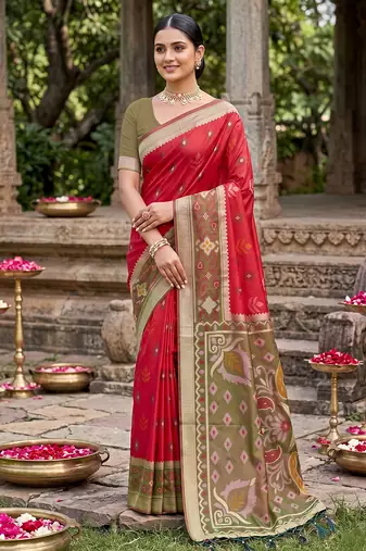 red pochampalli silk blend saree 