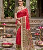 red pochampalli silk blend saree 