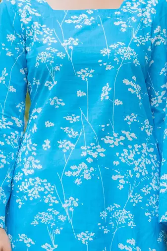 Womens blue self design cotton fabric kurtis 3/4 sleeves square neck