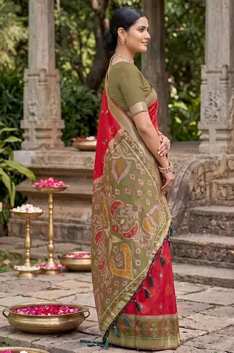 red pochampalli silk blend saree 