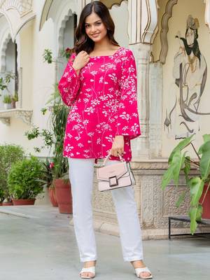 Womens pink self design cotton fabric kurtis 3/4 sleeves square neck 1