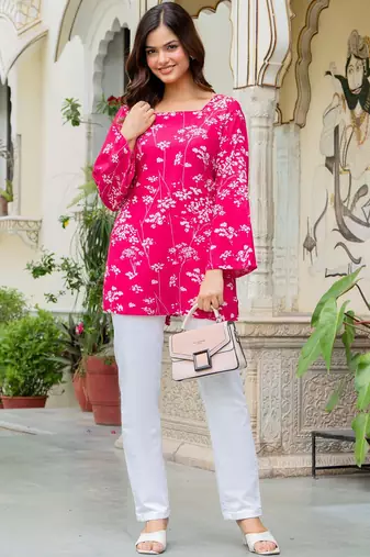Womens pink self design cotton fabric kurtis 3/4 sleeves square neck