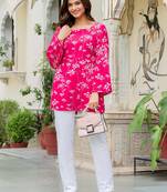 Womens pink self design cotton fabric kurtis 3/4 sleeves square neck