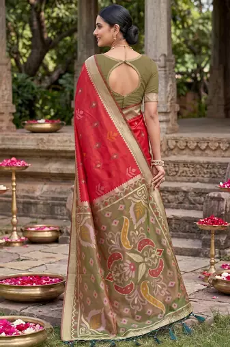 red pochampalli silk blend saree 