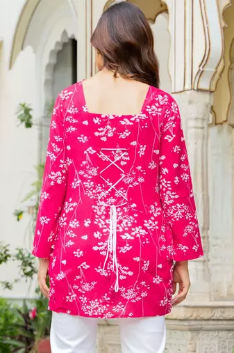 Womens pink self design cotton fabric kurtis 3/4 sleeves square neck