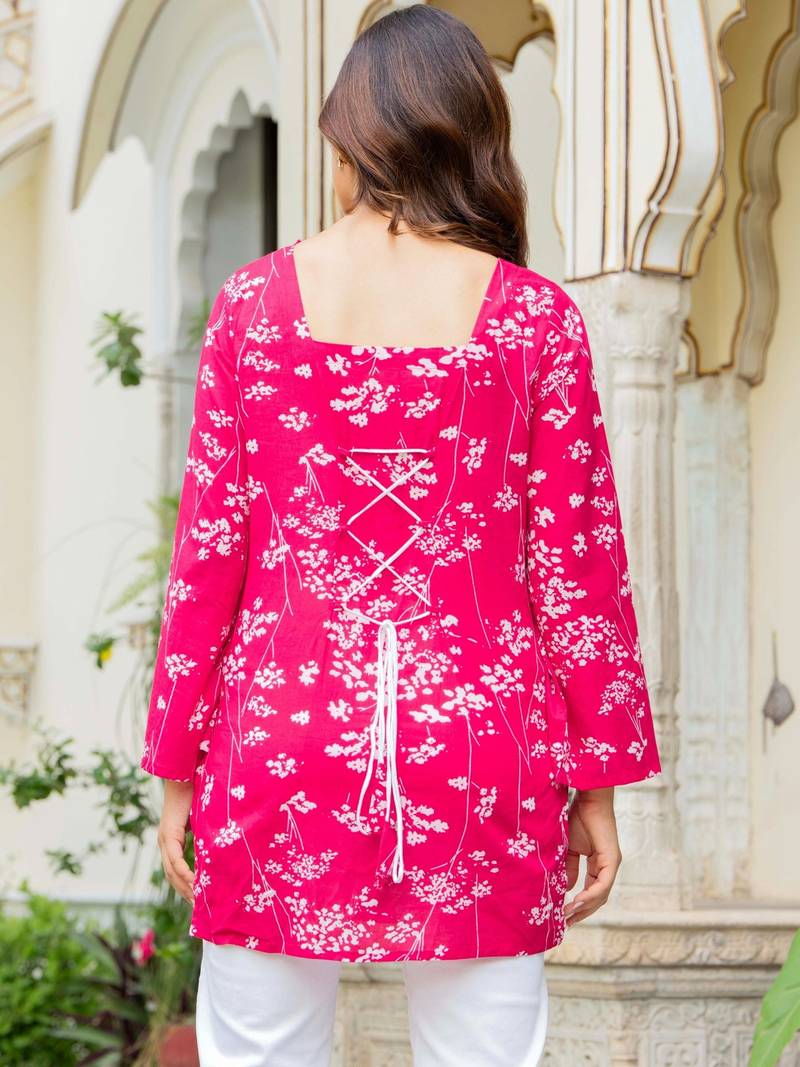 Womens pink self design cotton fabric kurtis 3/4 sleeves square neck