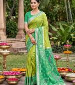 light green pochampalli silk blend saree 