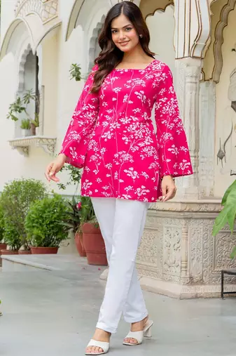Womens pink self design cotton fabric kurtis 3/4 sleeves square neck