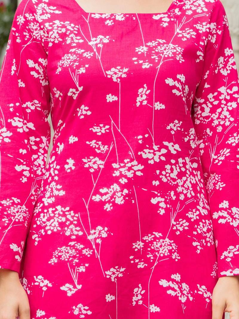 Womens pink self design cotton fabric kurtis 3/4 sleeves square neck