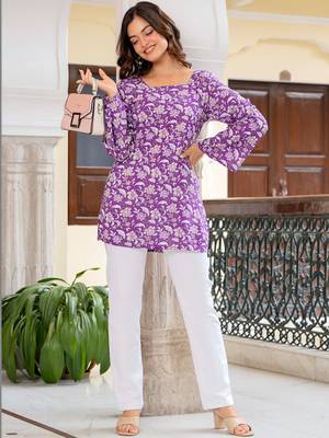 Womens purple self design cotton fabric kurtis 3/4 sleeves square neck 1