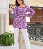 Womens purple self design cotton fabric kurtis 3/4 sleeves square neck