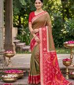 olive green pochampalli silk blend saree 
