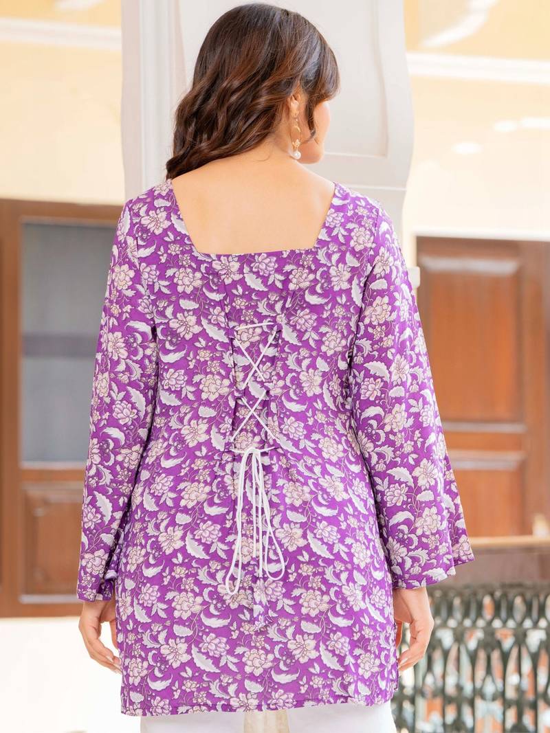Womens purple self design cotton fabric kurtis 3/4 sleeves square neck