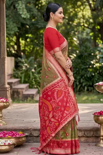 olive green pochampalli silk blend saree 