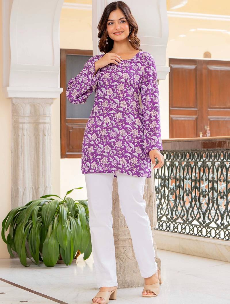 Womens purple self design cotton fabric kurtis 3/4 sleeves square neck