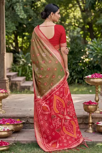 olive green pochampalli silk blend saree 