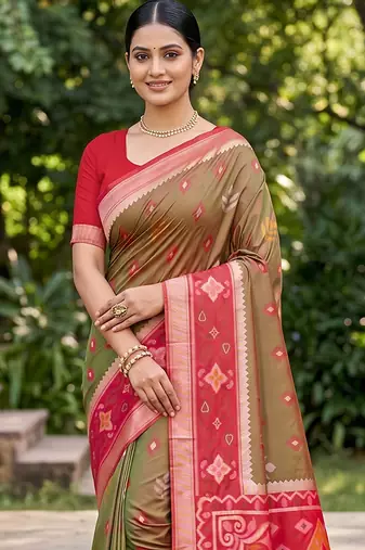 olive green pochampalli silk blend saree 