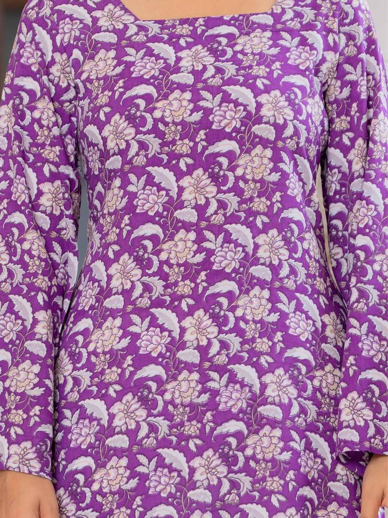 Womens purple self design cotton fabric kurtis 3/4 sleeves square neck